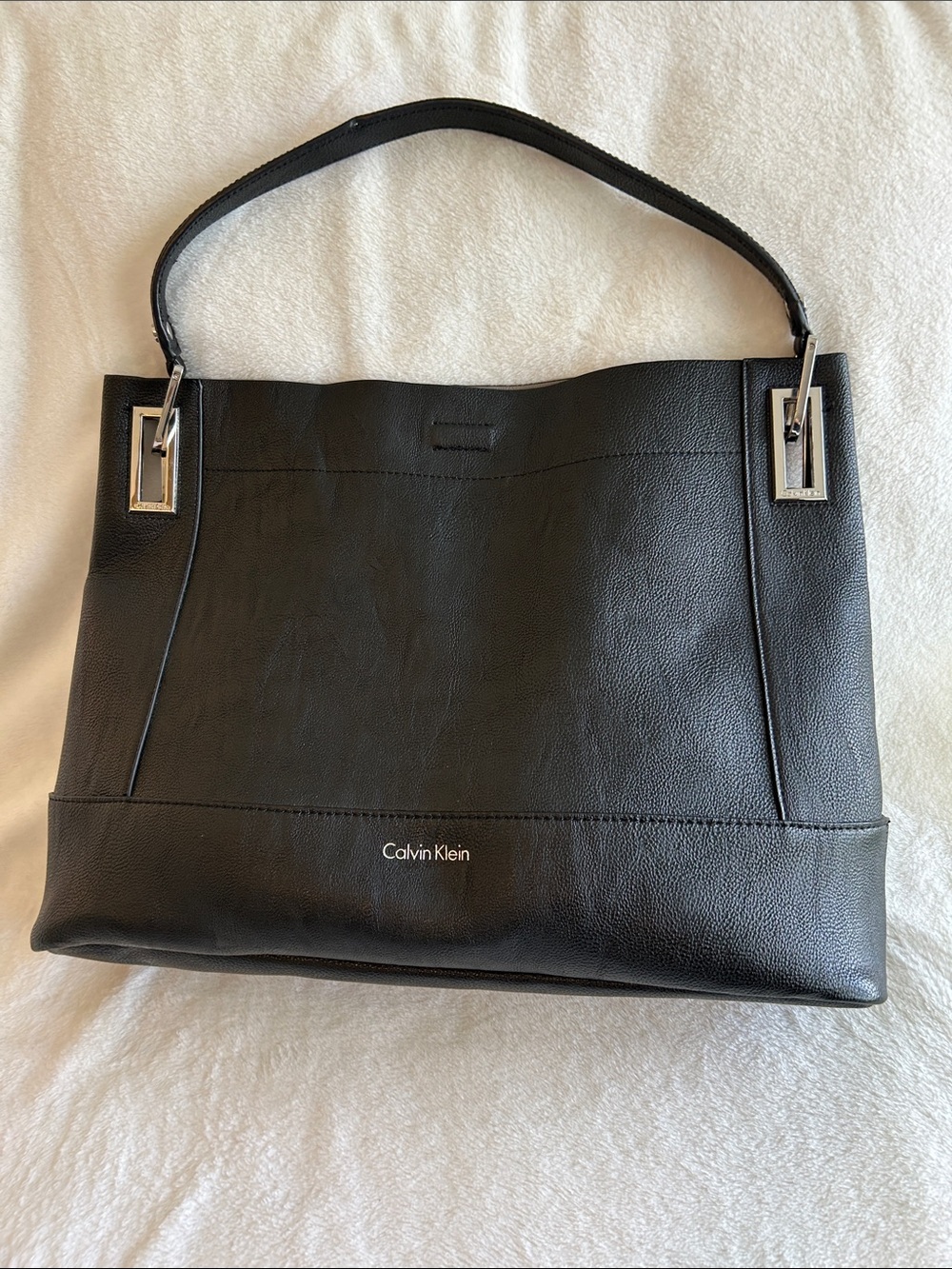 Calvin Klein Black Leather Shoulder Tote with Silver Accents